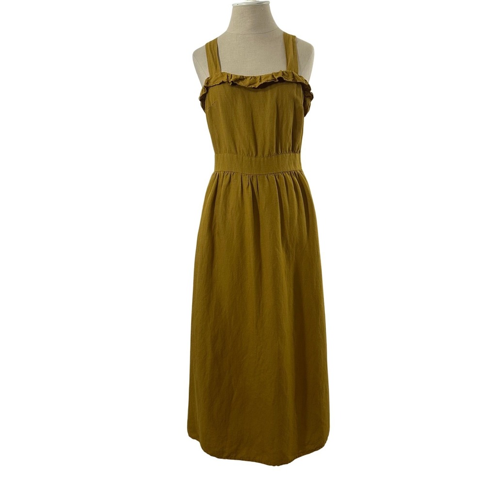 Zara Mustard Yellow Linen Blend Ruffle Midi Dress Back Tie Pockets Womens Size M
